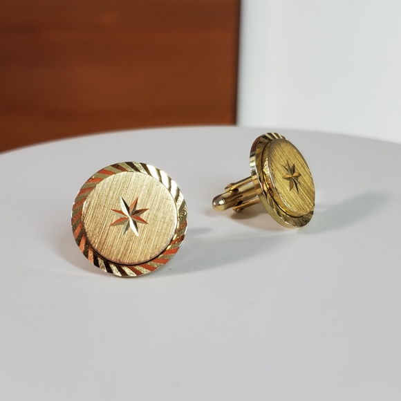Swank 7/8" Cufflinks Gold Plated Diamond Cut Coin Vintage Formal Wedding Guest - Picture 1 of 8